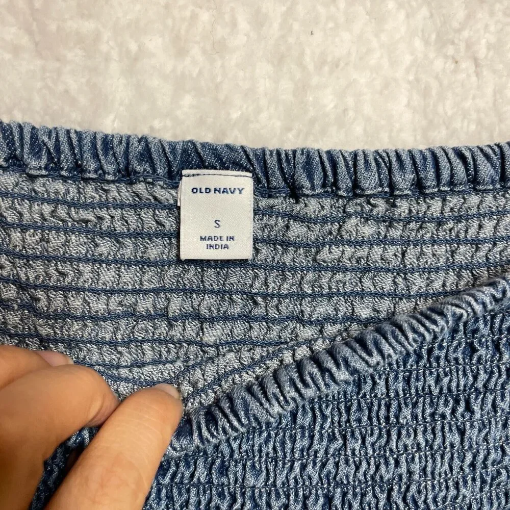 Old Navy Small Smocked Chambray Top Blue‎ Floral Puff Sleeve Boho Cottagecore